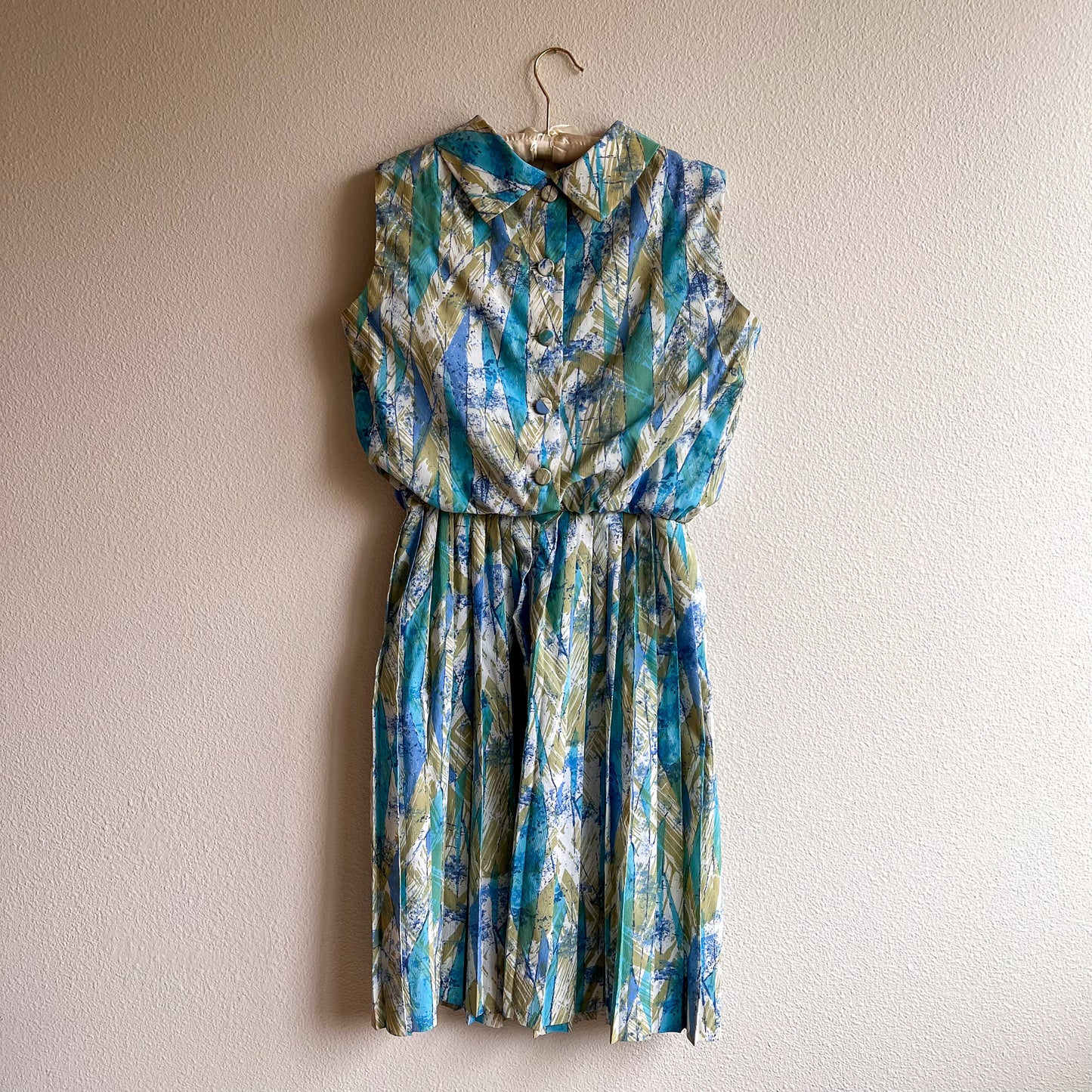 1960s Teal and Sage Abstract Print Dress (M)