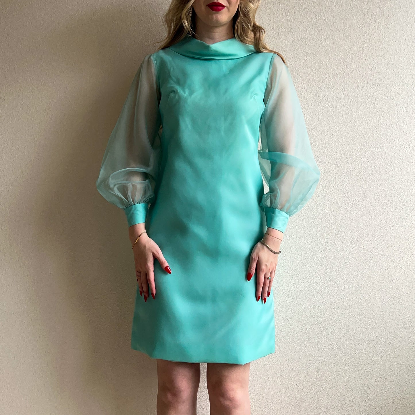 1960s Turquoise Dress With Sheer Sleeves (XS/S)