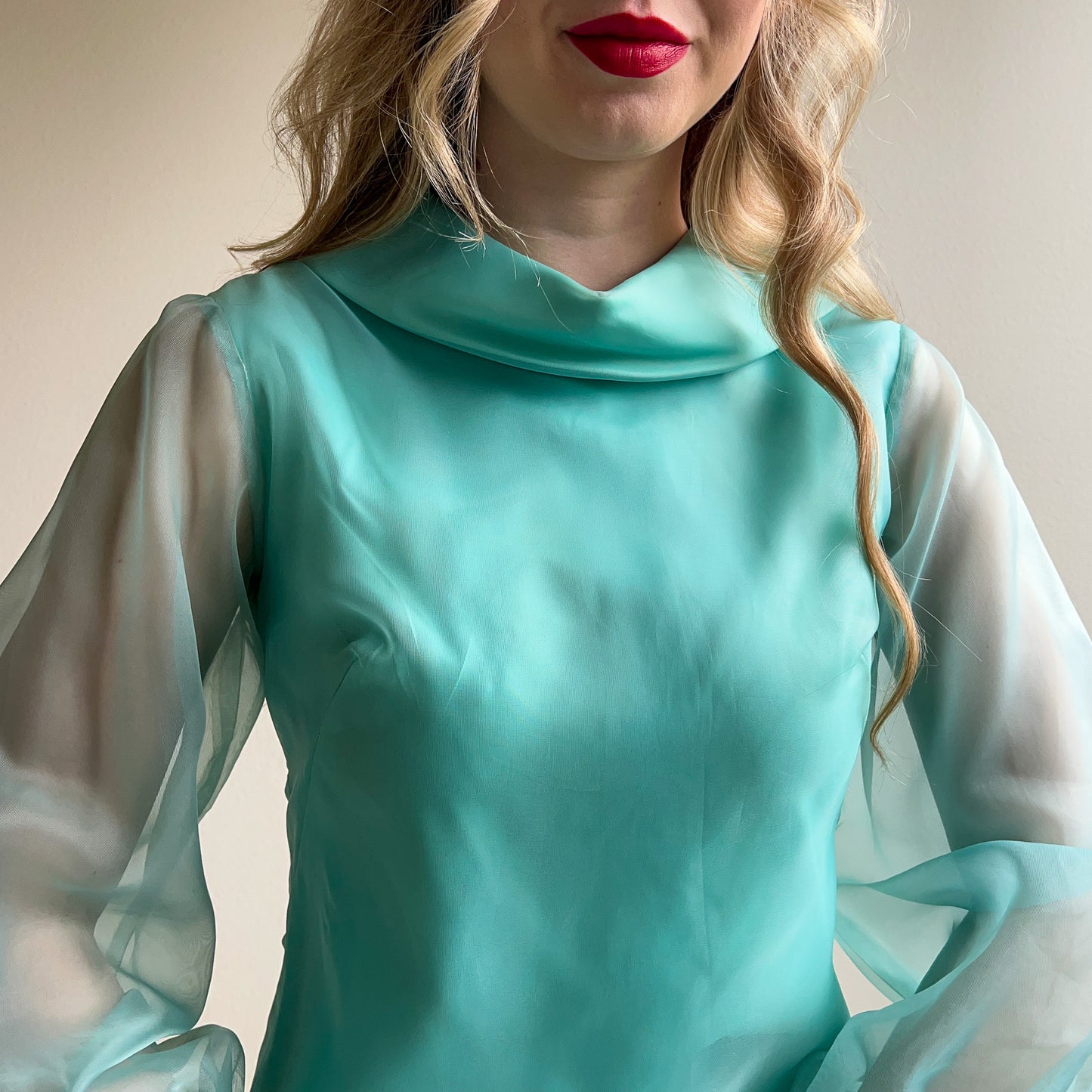 1960s Turquoise Dress With Sheer Sleeves (XS/S)