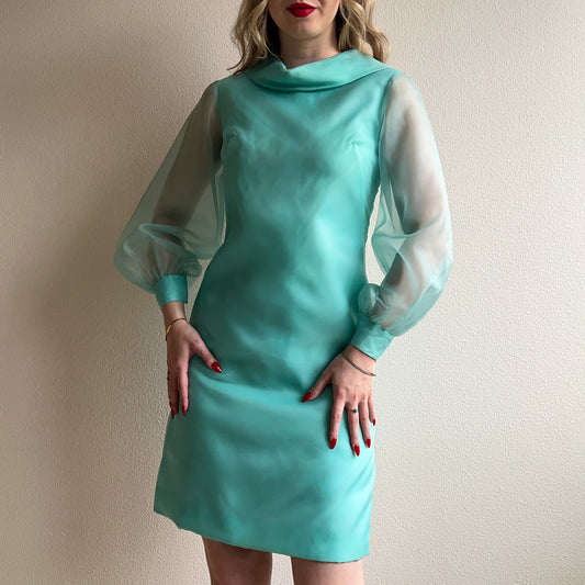 1960s Turquoise Dress With Sheer Sleeves (XS/S)