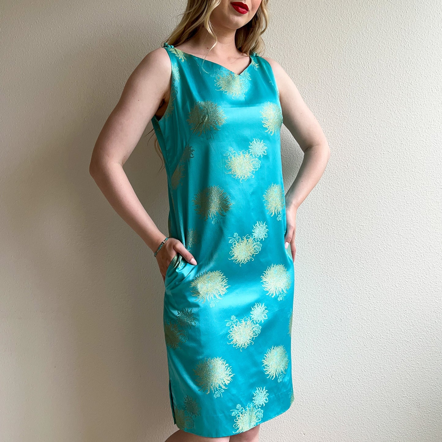 1960s Turquoise Silk Dress With Gold Embroidery (S/M)