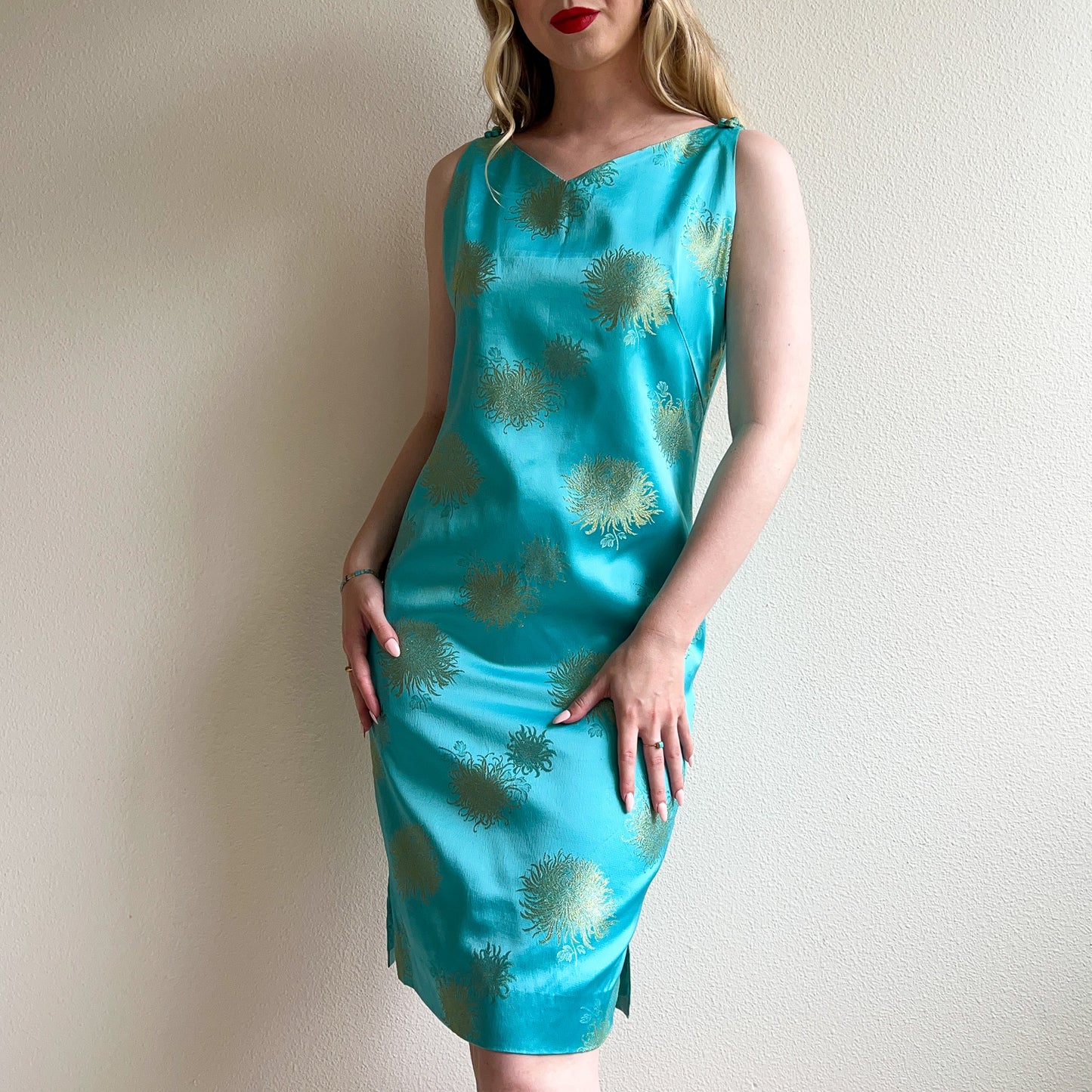 1960s Turquoise Silk Dress With Gold Embroidery (S/M)