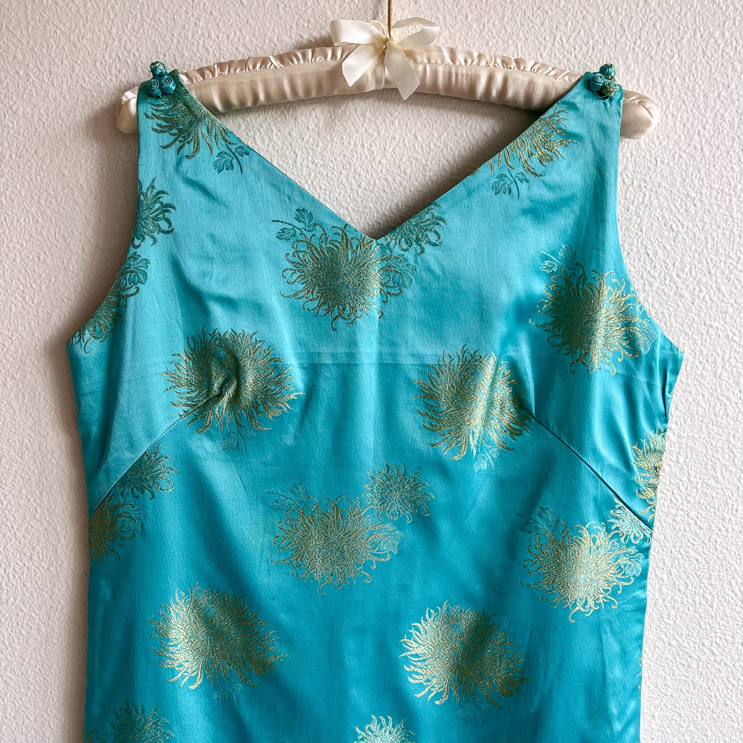 1960s Turquoise Silk Dress With Gold Embroidery (S/M)