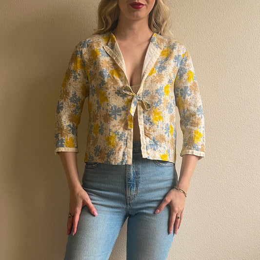 1960s Vera Blue and Yellow Floral Summer Blouse (S/M)