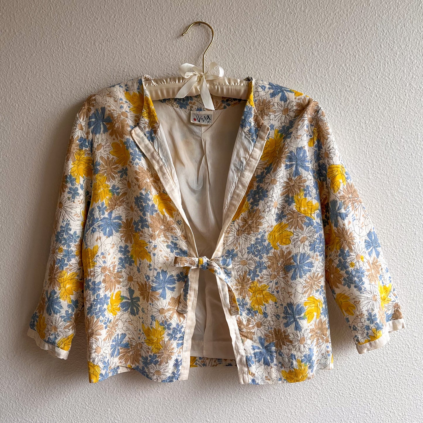 1960s Vera Blue and Yellow Floral Summer Blouse (S/M)