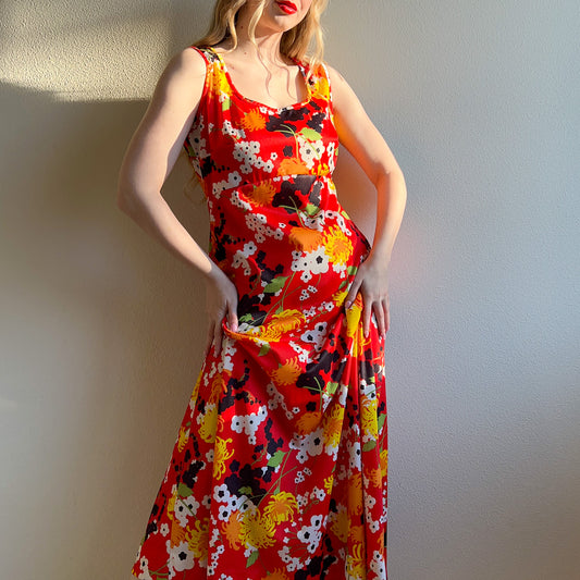 Vibrant 1960s Red Floral Midi Dress (L)