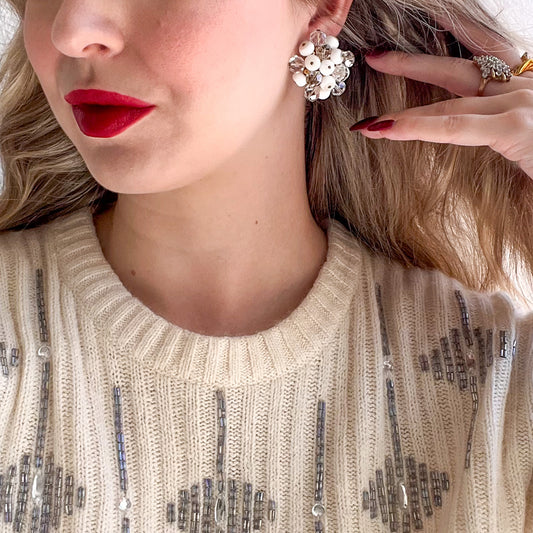 1960s White and Clear Beaded Cluster Earrings