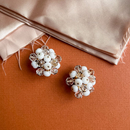 1960s White and Clear Beaded Cluster Earrings