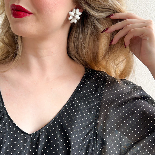 1960s White Abstract Flower Earrings