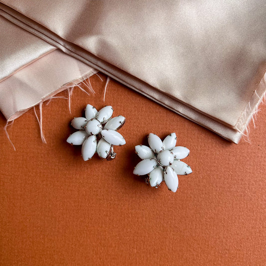 1960s White Abstract Flower Earrings