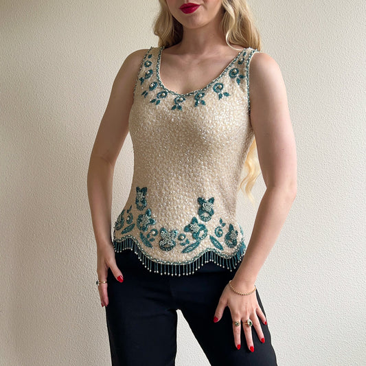 1960s White Sequined Top With Blue Beading (M)