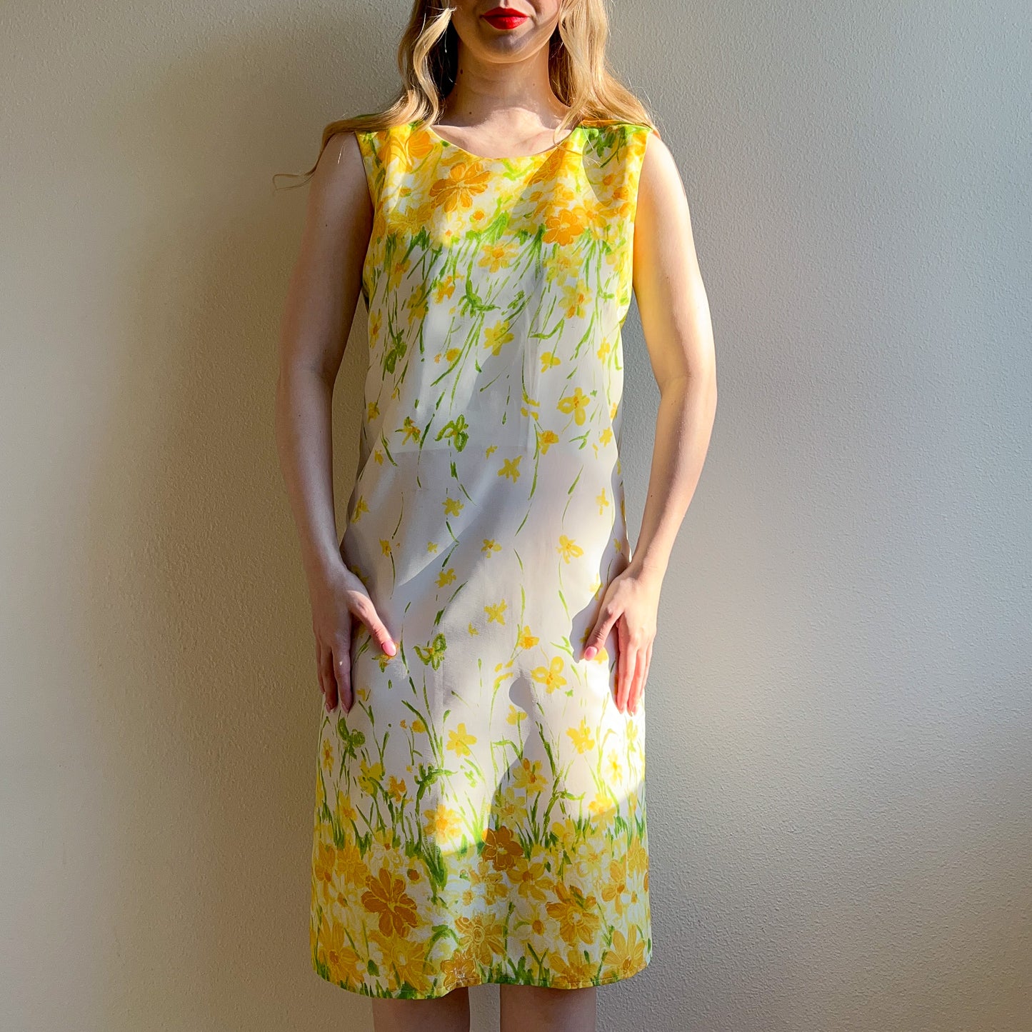 1960s Yellow Floral Print Spring Dress (M)