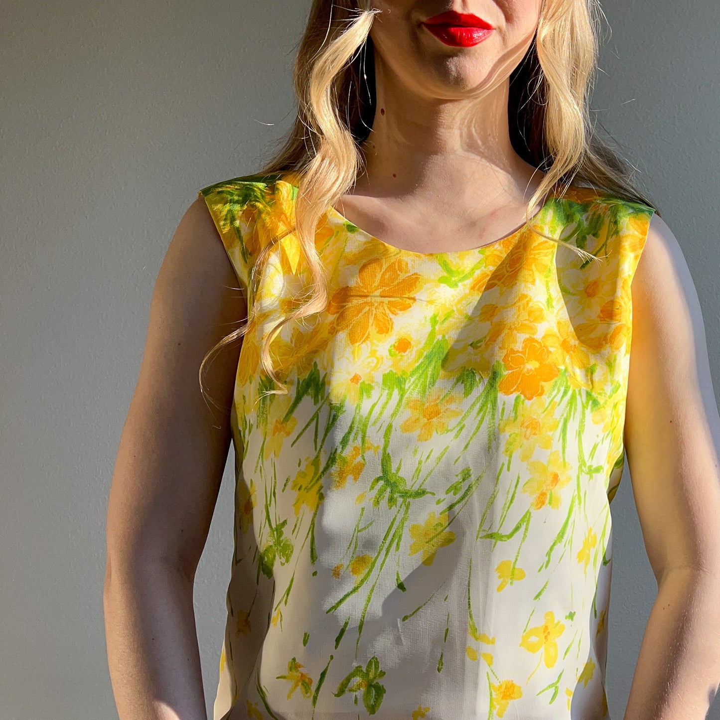 1960s Yellow Floral Print Spring Dress (M)