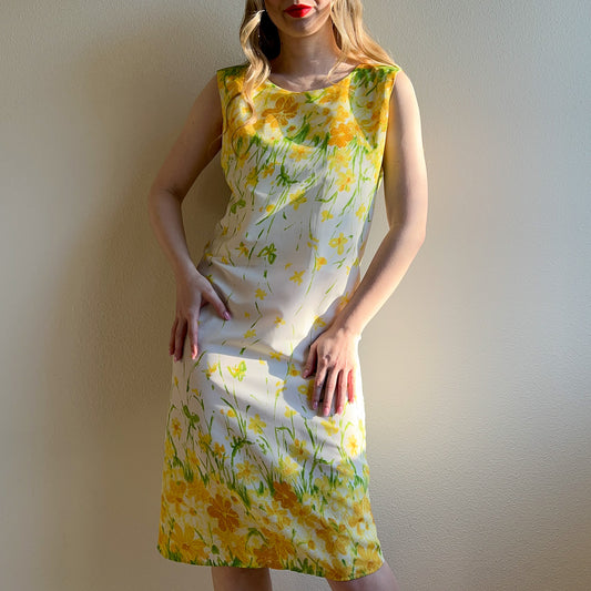 1960s Yellow Floral Print Spring Dress (M)