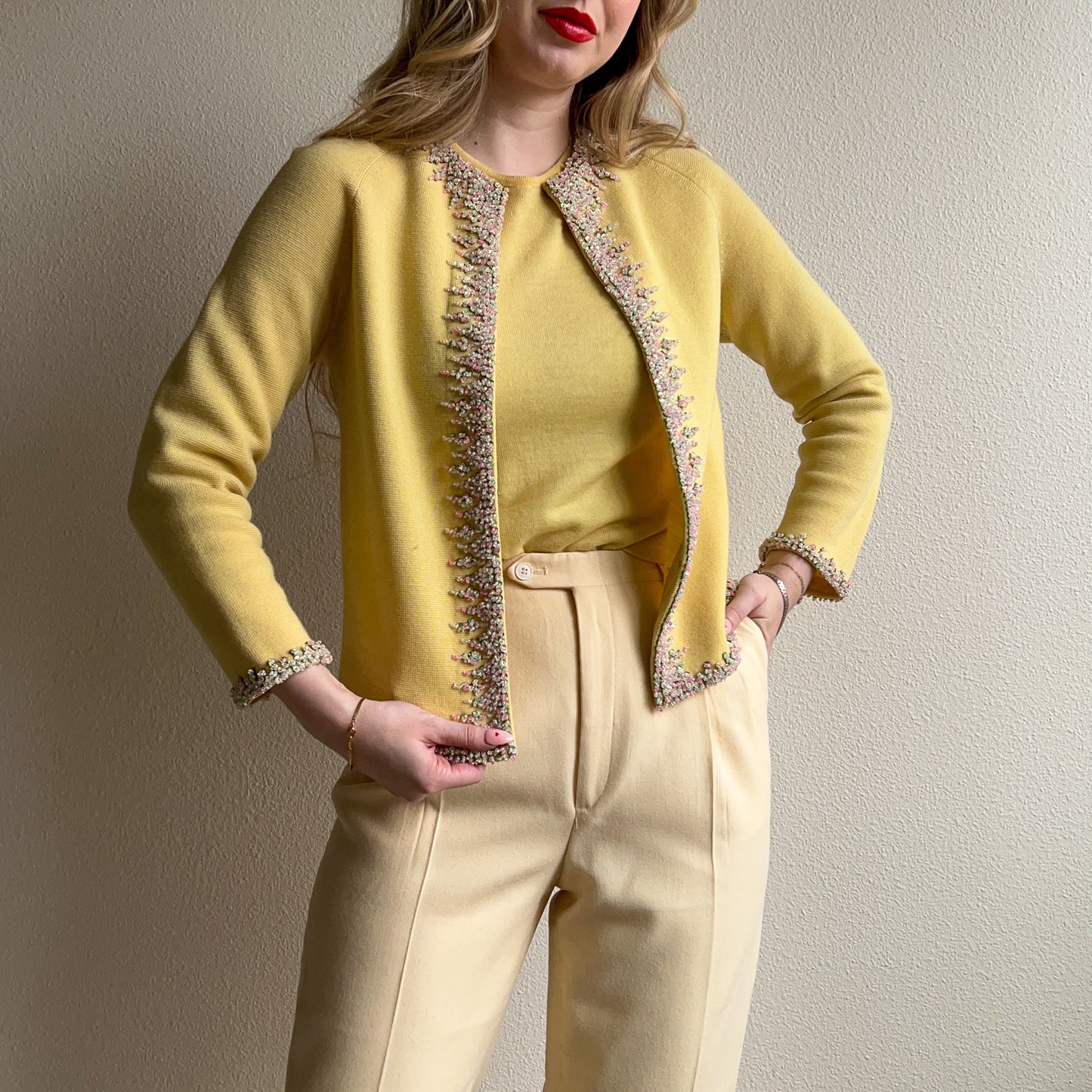 1960s Yellow Knit Sweater Set With Pastel Sequins (S/M)