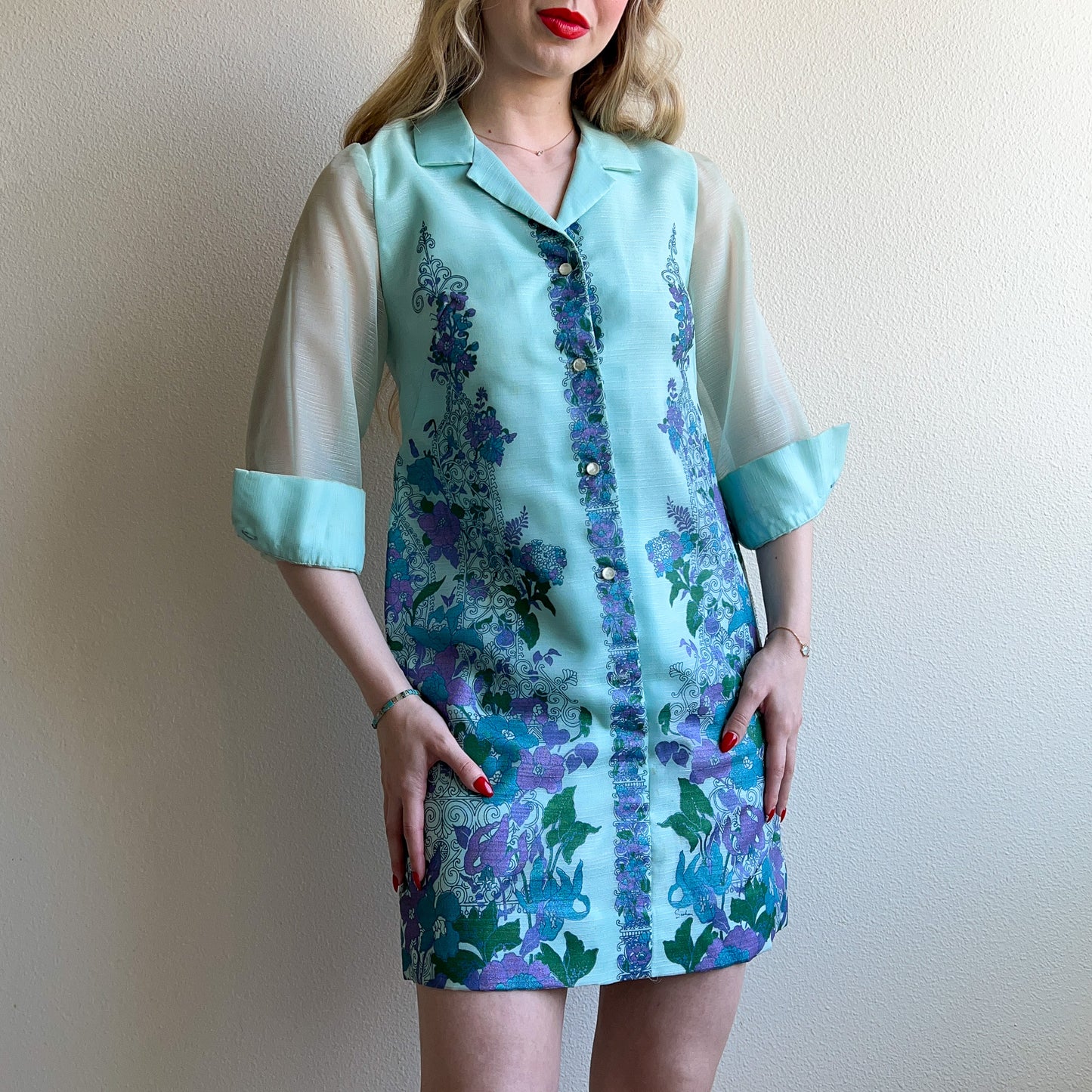 1970s Alfred Shaheen Blue Floral Print Button Dress (S/M)