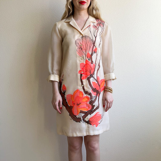 1970s Alfred Shaheen Coral Flowers Print Button Dress (S/M)