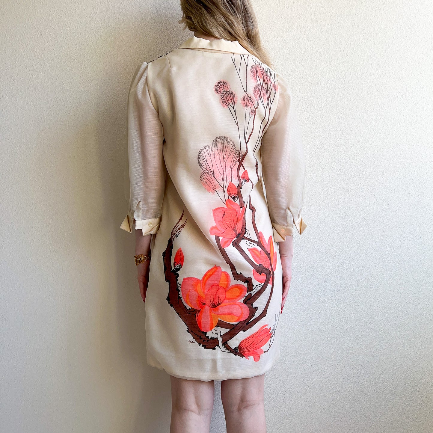 1970s Alfred Shaheen Coral Flowers Print Button Dress (S/M)