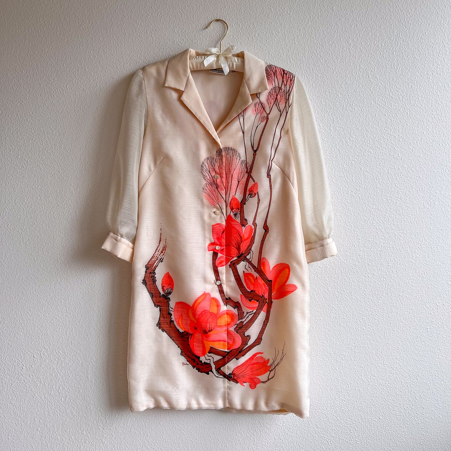 1970s Alfred Shaheen Coral Flowers Print Button Dress (S/M)