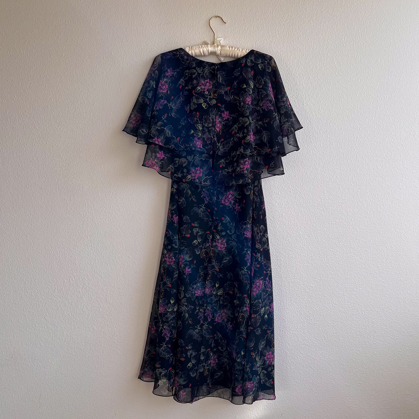1970s Black Chiffon Dress With Purple Flowers (M/L)