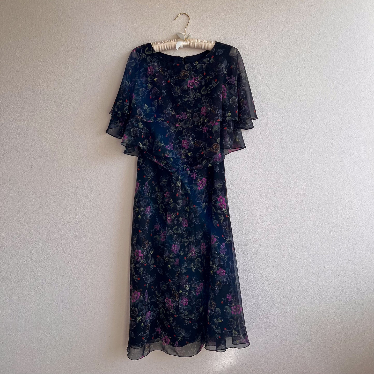 1970s Black Chiffon Dress With Purple Flowers (M/L)