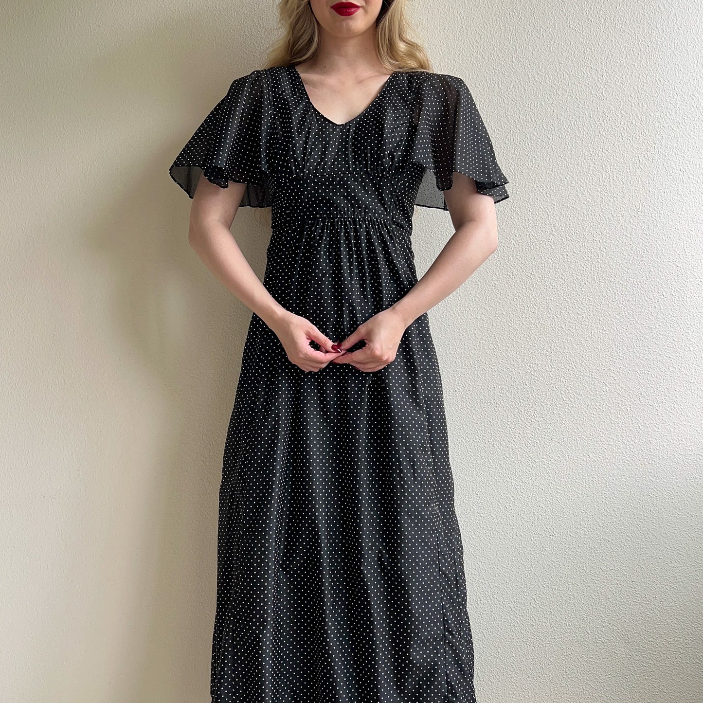 1970s Black and White Polka Dot Maxi Dress (XS/S)