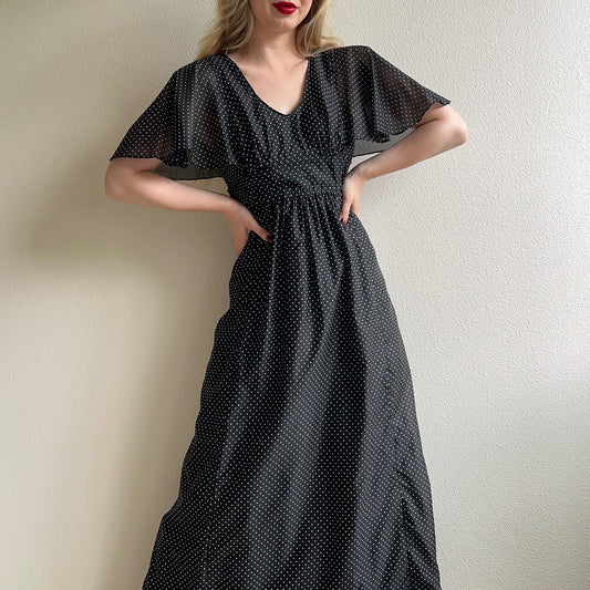 1970s Black and White Polka Dot Maxi Dress (XS/S)