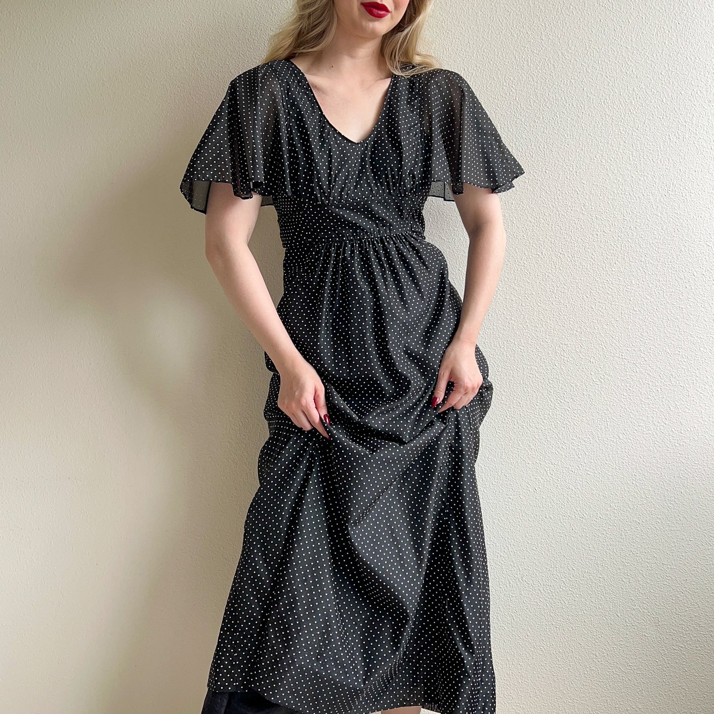 1970s Black and White Polka Dot Maxi Dress (XS/S)