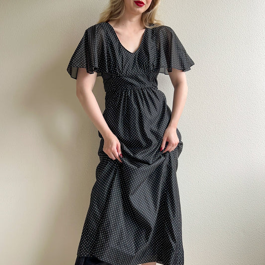 1970s Black and White Polka Dot Maxi Dress (XS/S)