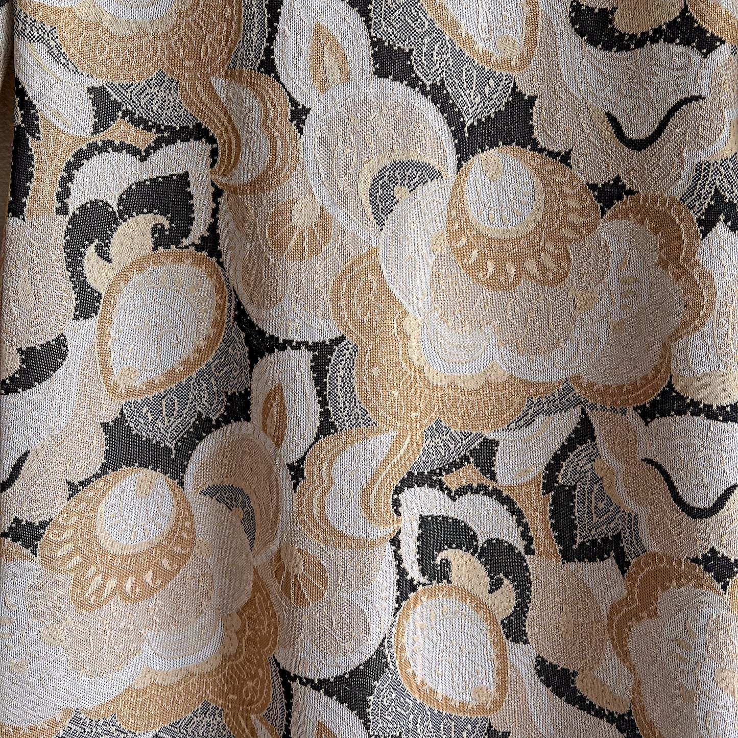 Retro 1970s Muted Black and Gold Abstract Print Dress (M/L)