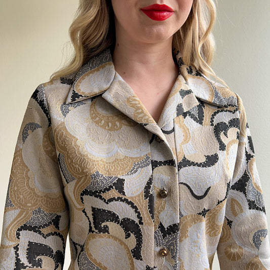 Retro 1970s Muted Black and Gold Abstract Print Dress (M/L)