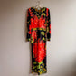 1970s Black Maxi Dress With Bright Coral Flower Print (S)