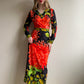 1970s Black Maxi Dress With Bright Coral Flower Print (S)