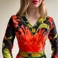 1970s Black Maxi Dress With Bright Coral Flower Print (S)