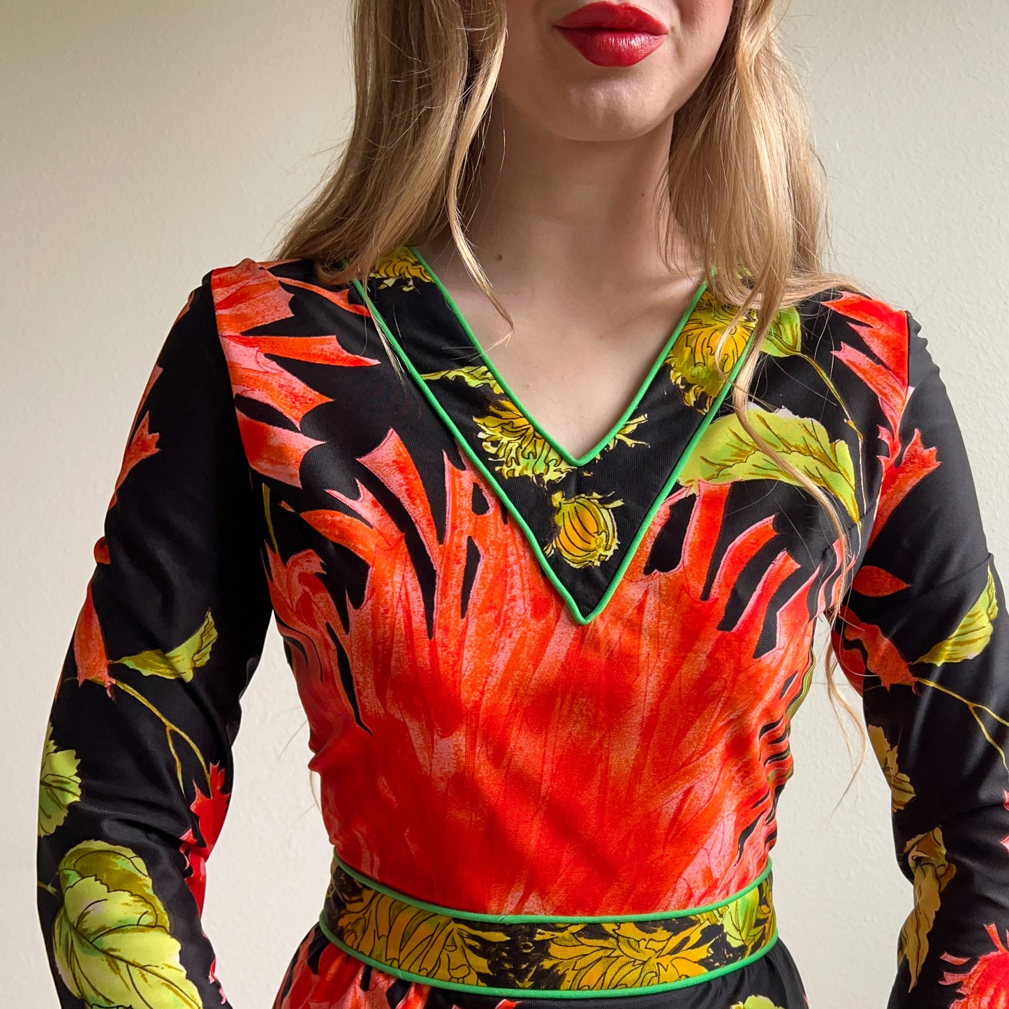 1970s Black Maxi Dress With Bright Coral Flower Print (S)