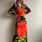 1970s Black Maxi Dress With Bright Coral Flower Print (S)