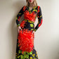 1970s Black Maxi Dress With Bright Coral Flower Print (S)