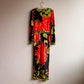 1970s Black Maxi Dress With Bright Coral Flower Print (S)