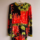 1970s Black Maxi Dress With Bright Coral Flower Print (S)