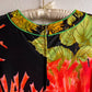 1970s Black Maxi Dress With Bright Coral Flower Print (S)