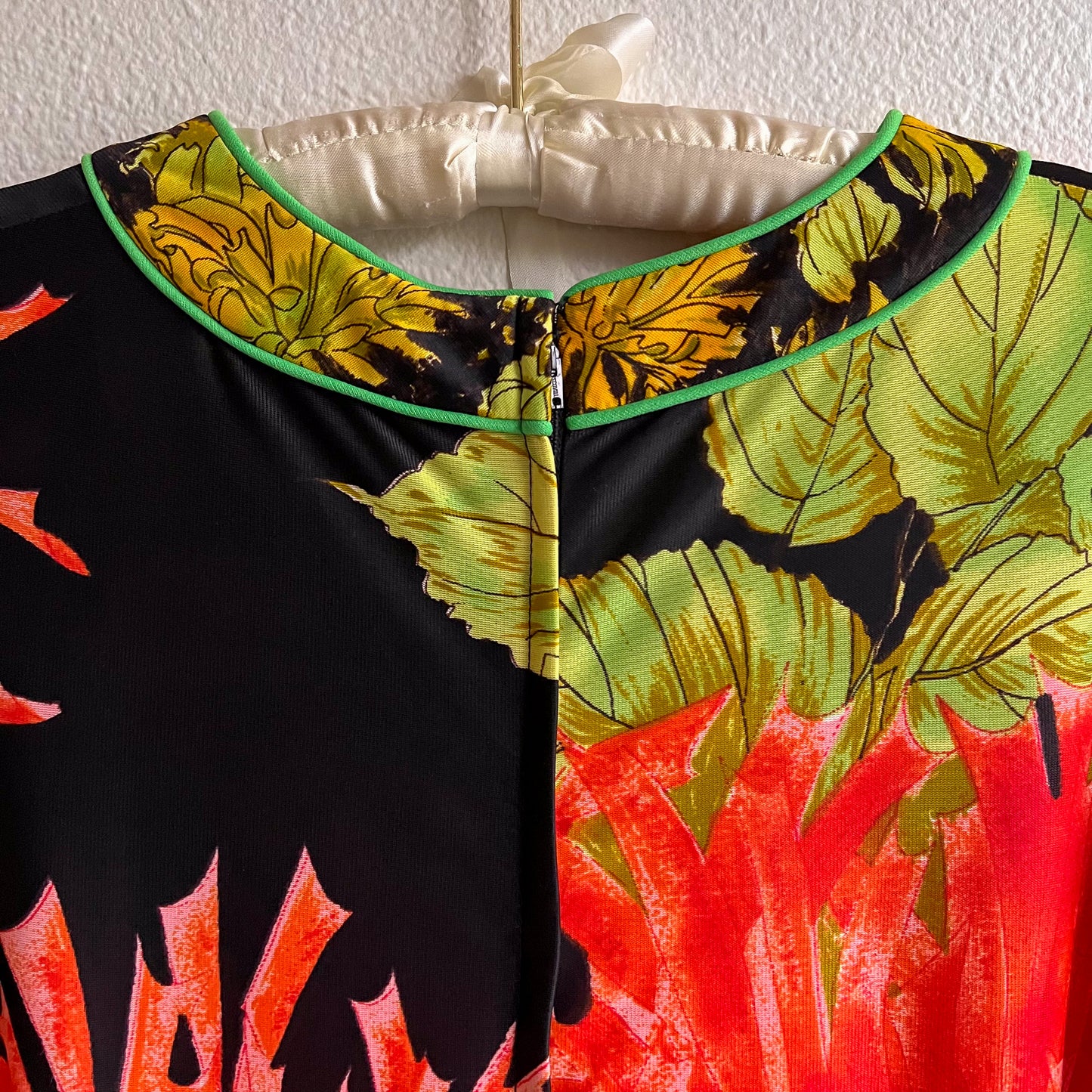 1970s Black Maxi Dress With Bright Coral Flower Print (S)