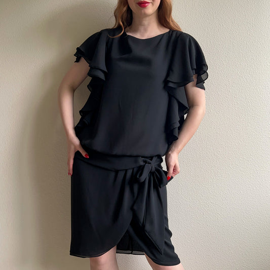 1970s Black Ruffled Chiffon Summer Dress (M)