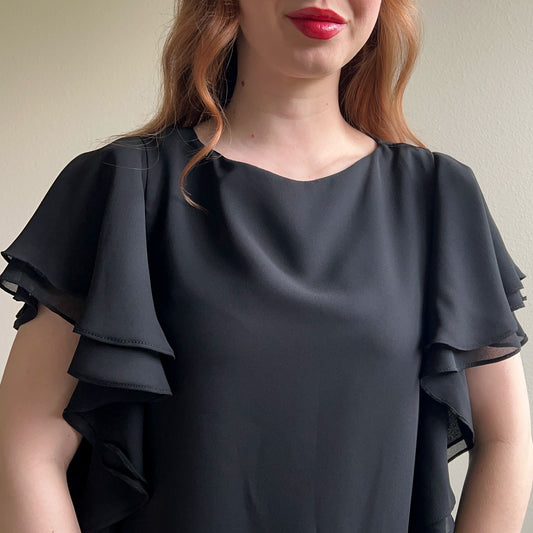 1970s Black Ruffled Chiffon Summer Dress (M)
