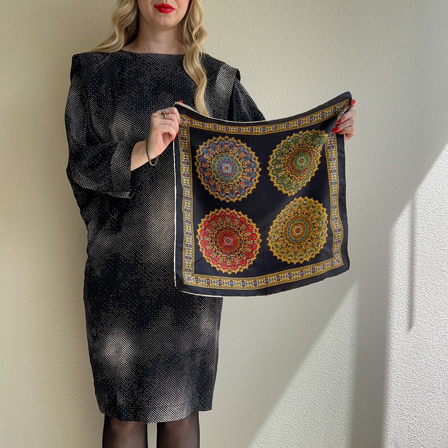 1970s Black Silk Scarf With Four Ornate Circles