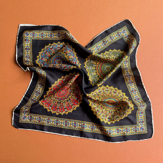 1970s Black Silk Scarf With Four Ornate Circles