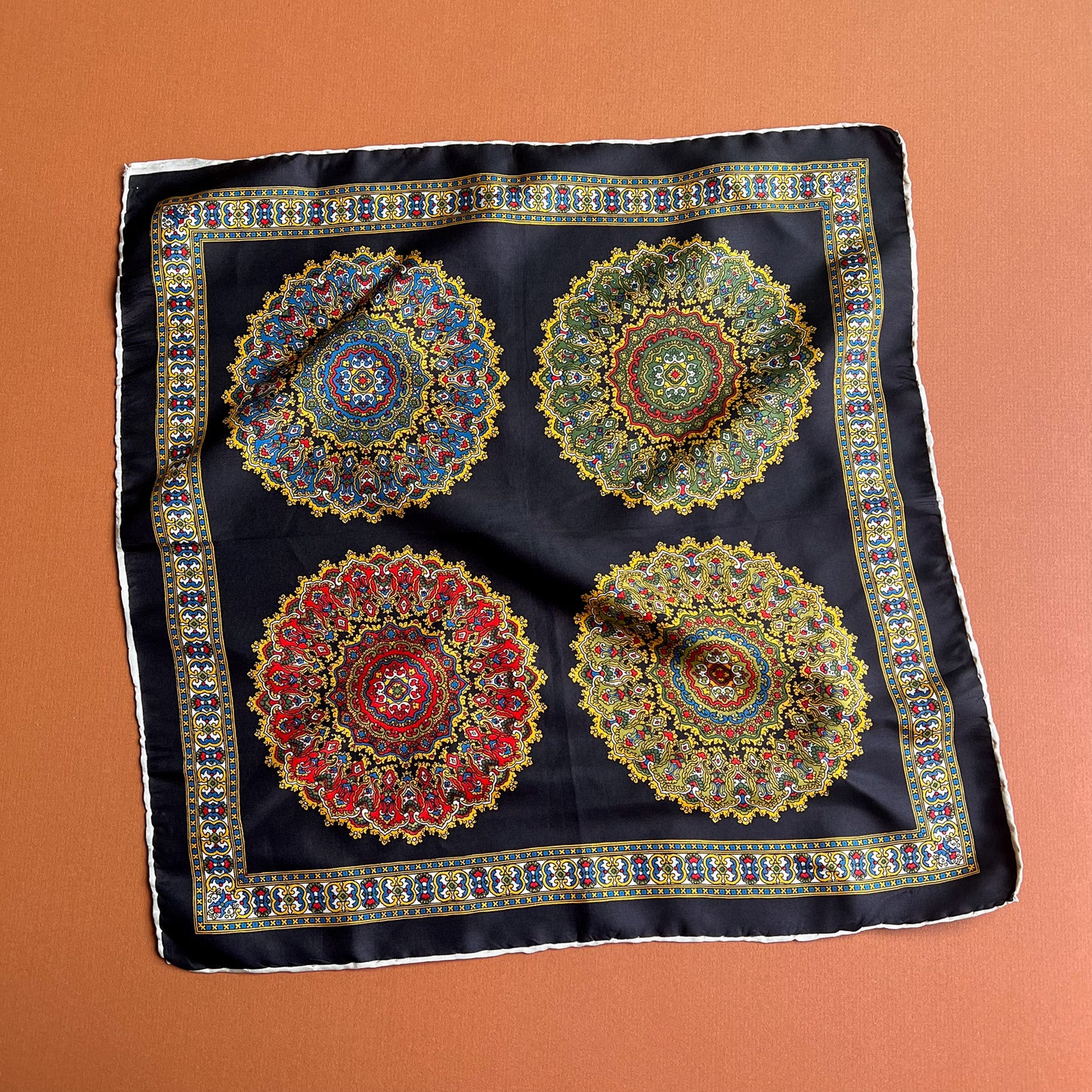 1970s Black Silk Scarf With Four Ornate Circles