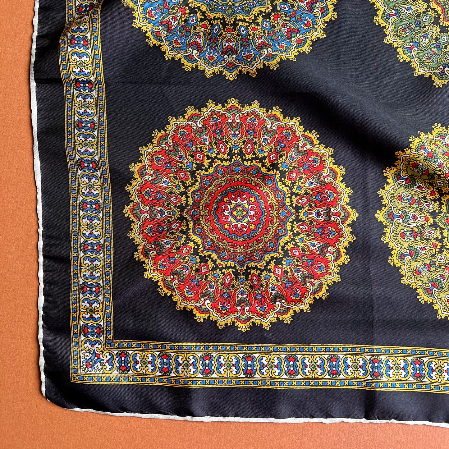 1970s Black Silk Scarf With Four Ornate Circles