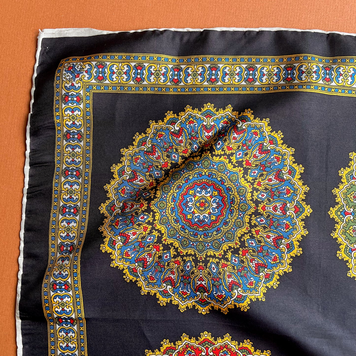 1970s Black Silk Scarf With Four Ornate Circles