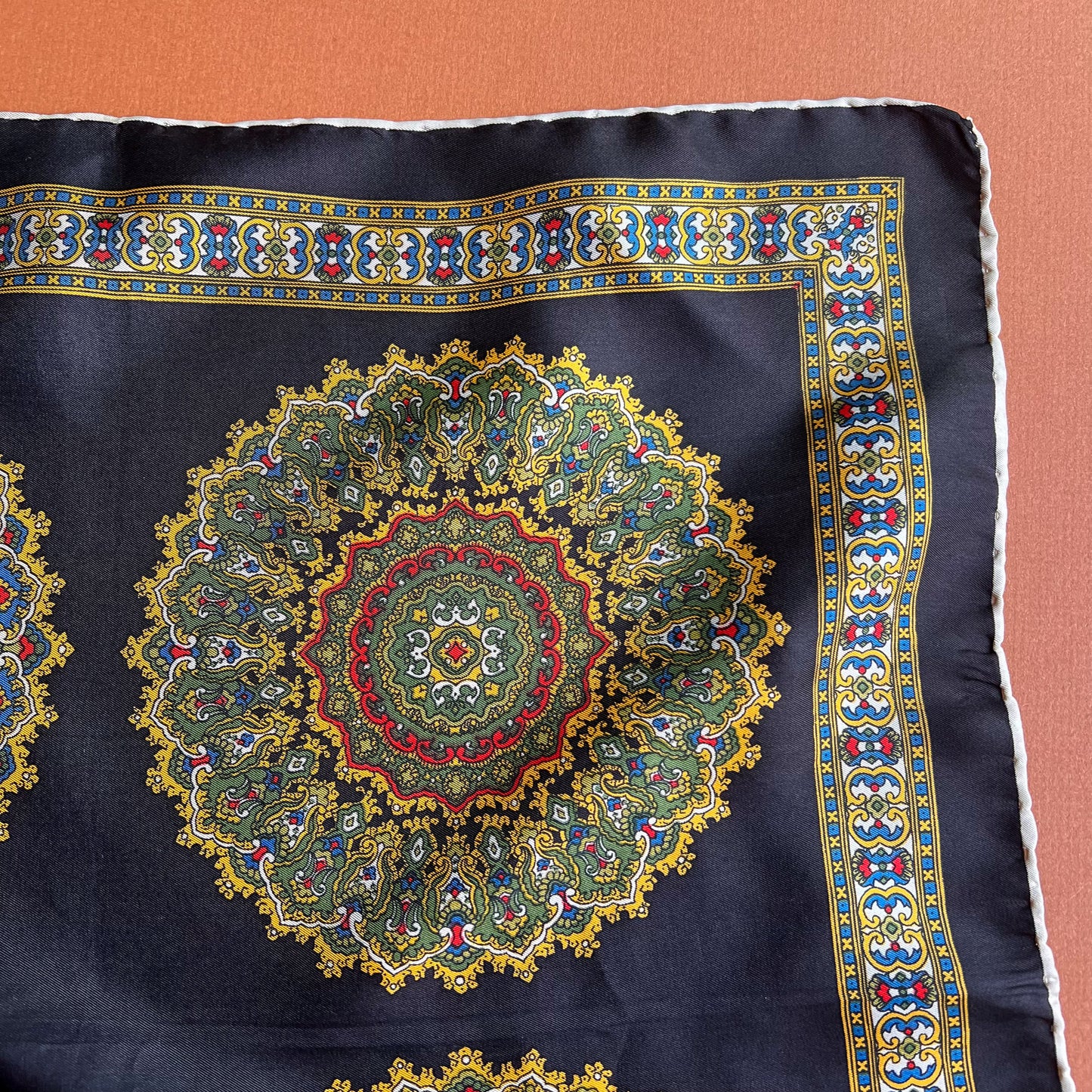 1970s Black Silk Scarf With Four Ornate Circles