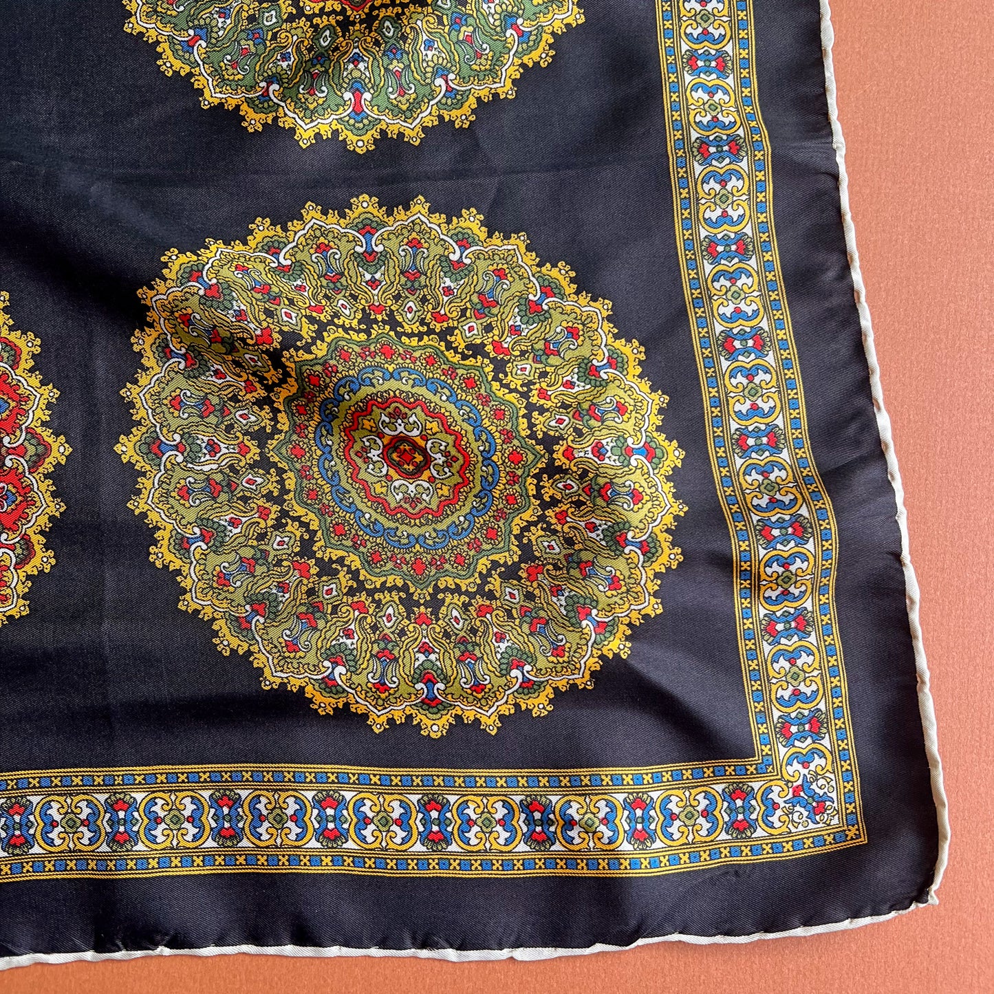 1970s Black Silk Scarf With Four Ornate Circles